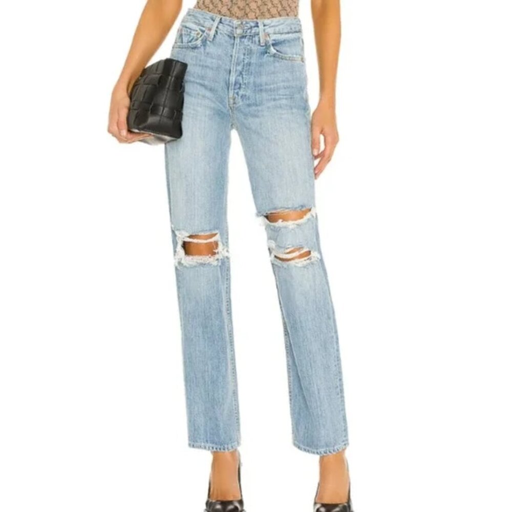 GRLFRND Jeans Women's 29 Mica in Deep Distressed Straight Leg High Waisted NWT